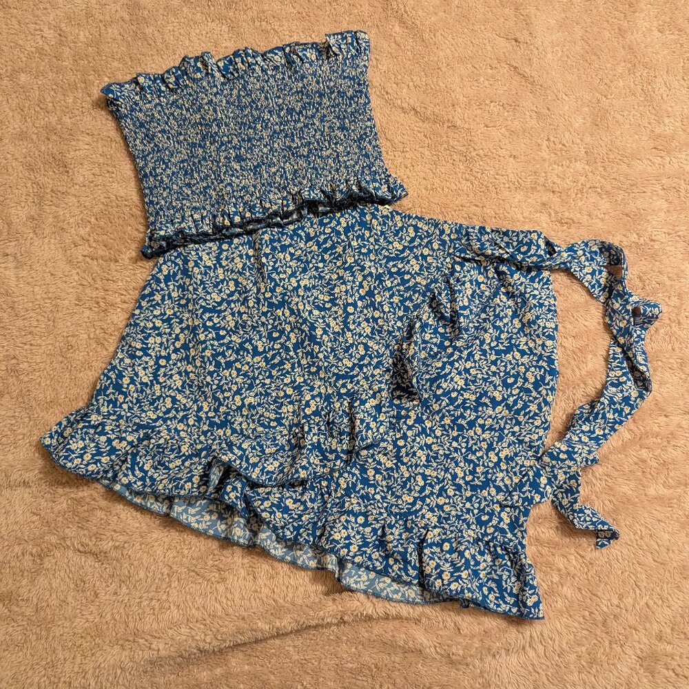 Shein Blue Floral Tube Crop Top/ Wrapped Mini Skirt Set, Size L